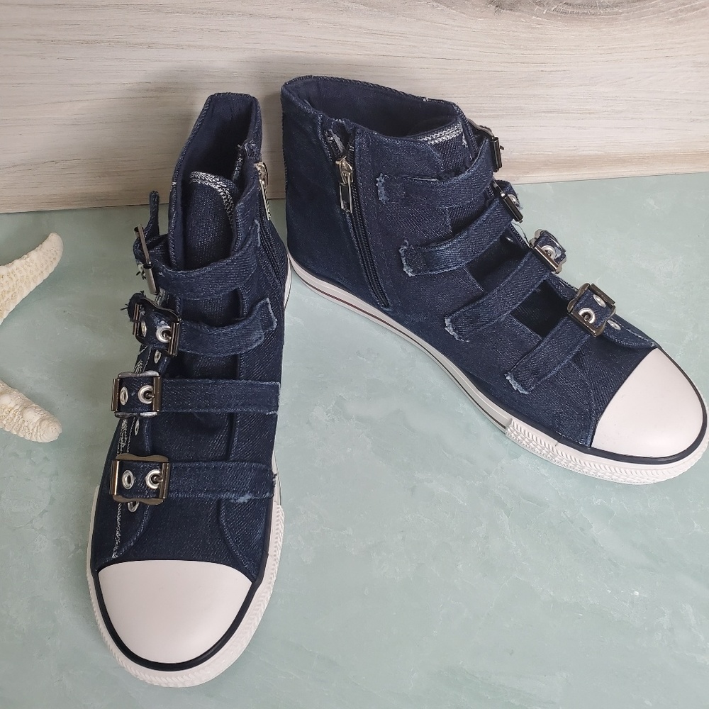 Last One! Dark Denim Buckle Sneakers - Picture 6 of 7
